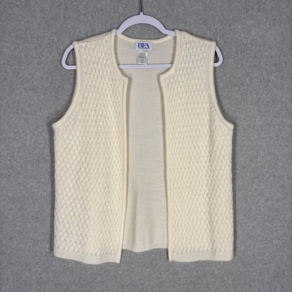 Waffle Knit Sweater Vest Cardigan Medium Cream Textured Cottage Granny Crochet